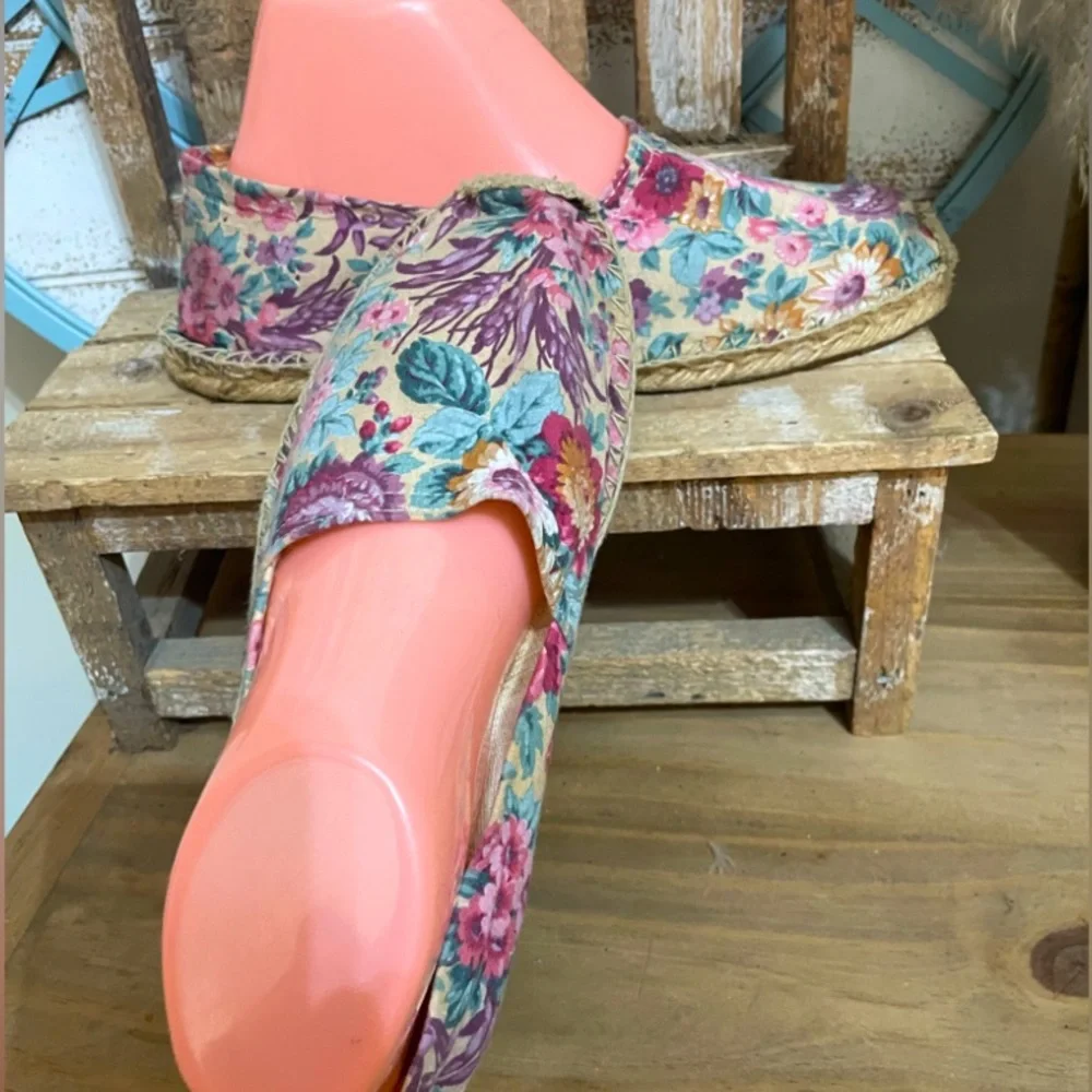 Biarritz Womens Espadrille Floral Shoes Fabric Slip On Rope Sole Spain Sz 8